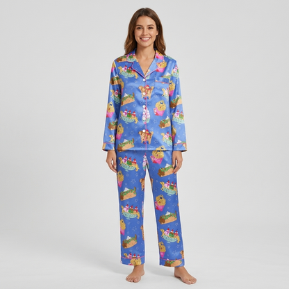 Women's satin pajama set with golden retrievers nestled in burgers, tacos, fries and sundaes on bright blue - long sleeve and pants