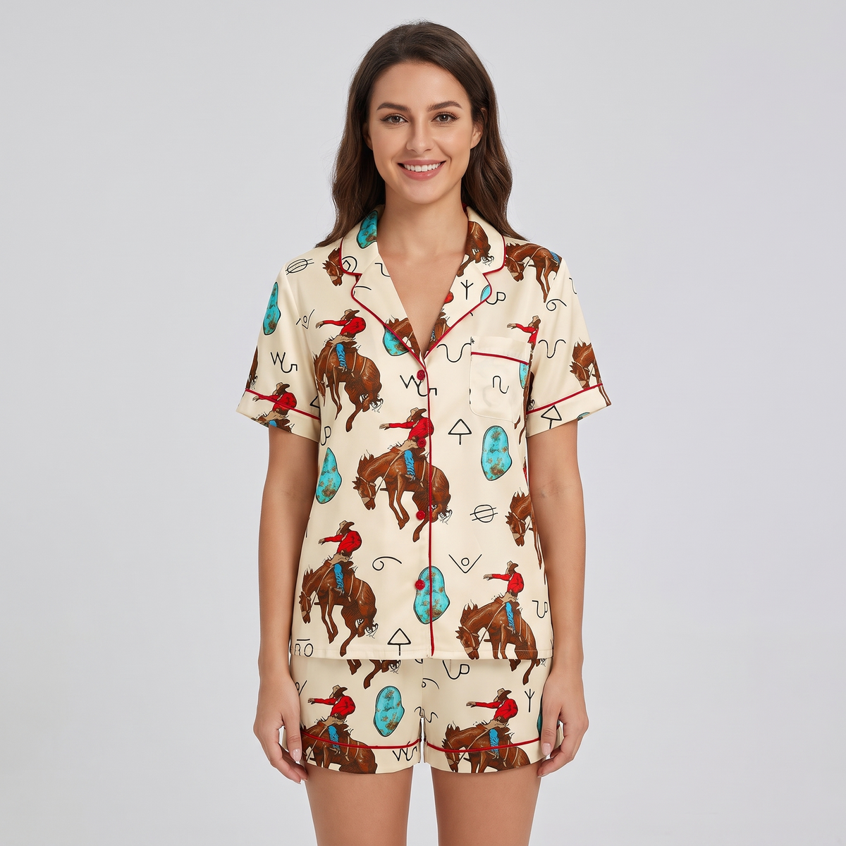 Turquoise Bronc Rider Horse Women's Pajama Set - short sleeve and shorts