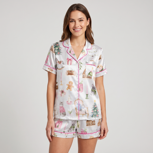 Watercolor Cats & Dogs Women's Pajama Set - short sleeve and shorts