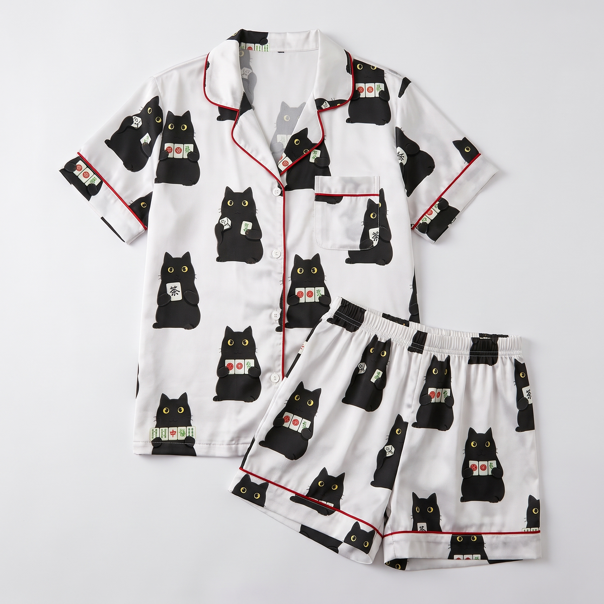 Mahjong Black Cats Women's Pajama Set - flat lay