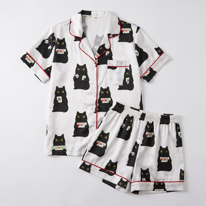 Mahjong Black Cats Women's Pajama Set - flat lay