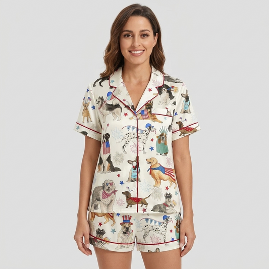 Women's satin pajama set with dogs in flag bandanas and crowns among stars and fireworks on white - short sleeve and shorts