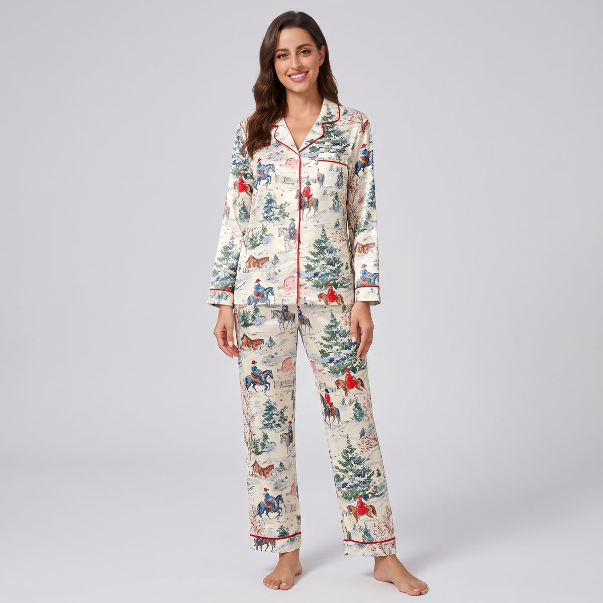 Snowy Trail Ride Christmas Horses Women's Pajama Set - long sleeve and pants