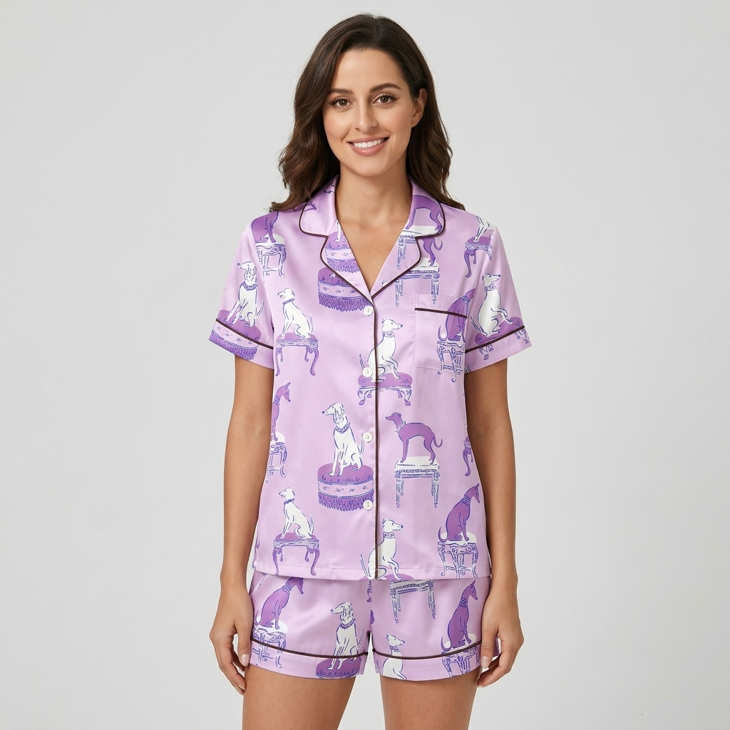 Women's satin pajama set with lilac and white greyhounds on antique stools on soft lavender with brown piping - short sleeve and shorts