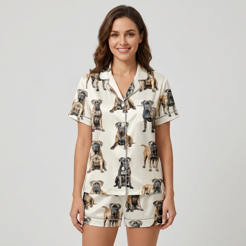 Women's satin pajama set with fawn, black and brindle Cane Corsos lounging on crisp white - short sleeve and shorts