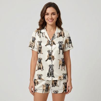 Women's satin pajama set with fawn, black and brindle Cane Corsos lounging on crisp white - short sleeve and shorts