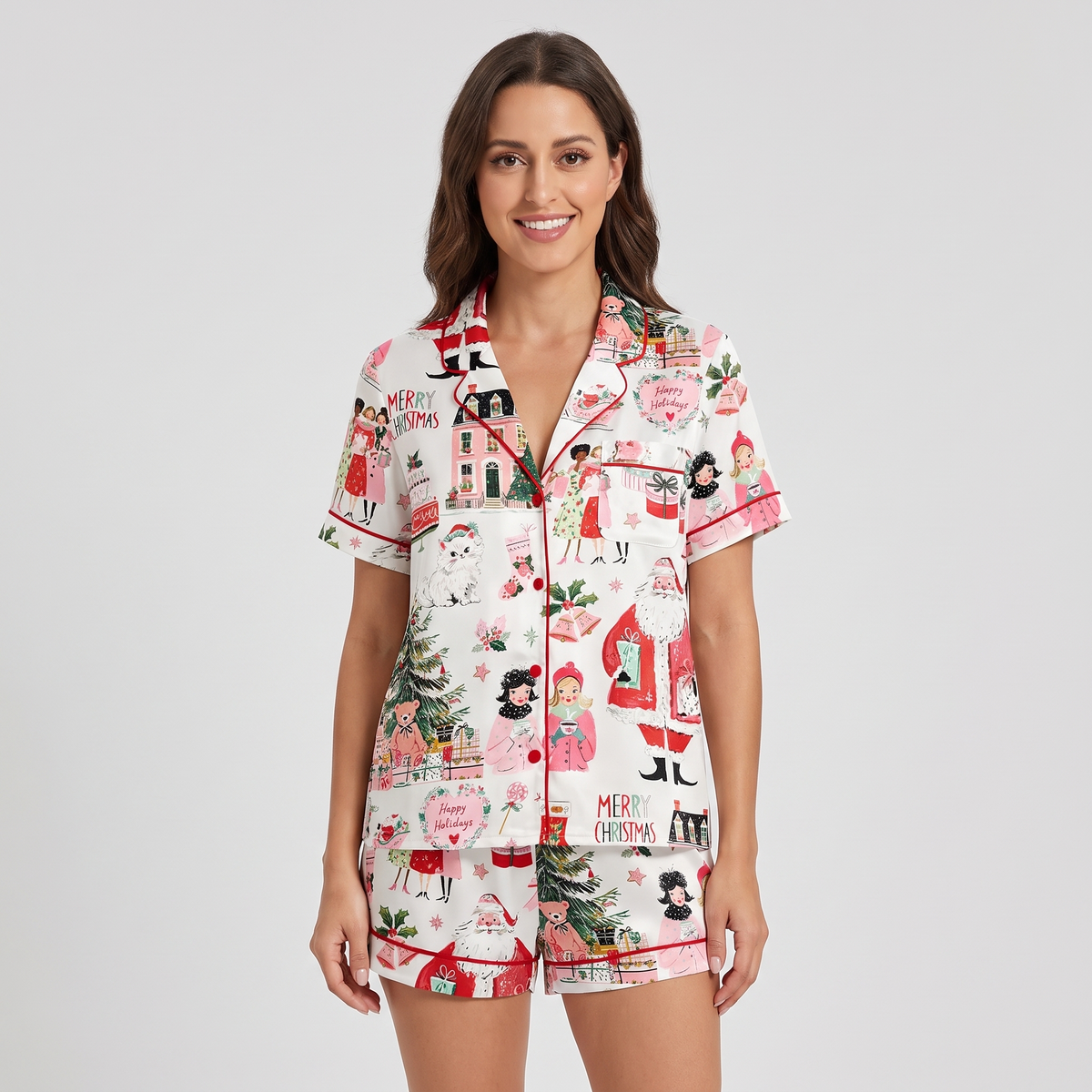Pink Christmas Town Women's Pajama Set - short sleeve and shorts