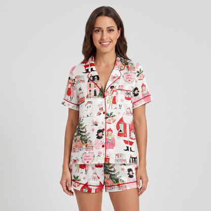 Pink Christmas Town Women's Pajama Set - short sleeve and shorts