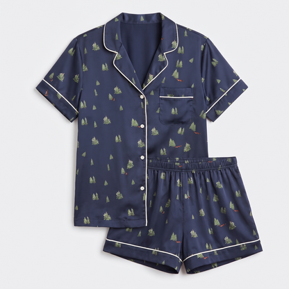 Navy & Gold Trees Women's Pajama Set - flat lay