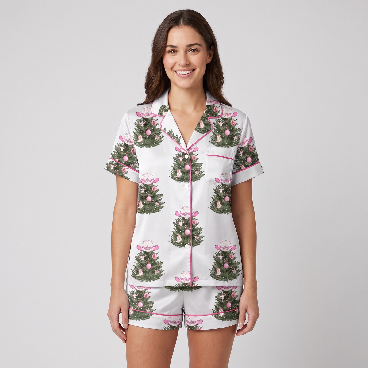 Holly Dolly Bow Trees Women's Pajama Set - short sleeve and shorts
