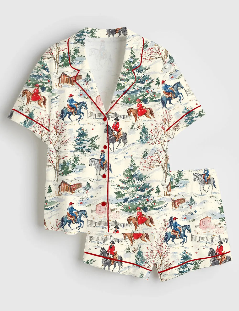 Snowy Trail Ride Christmas Horses Women's Pajama Set - flat lay
