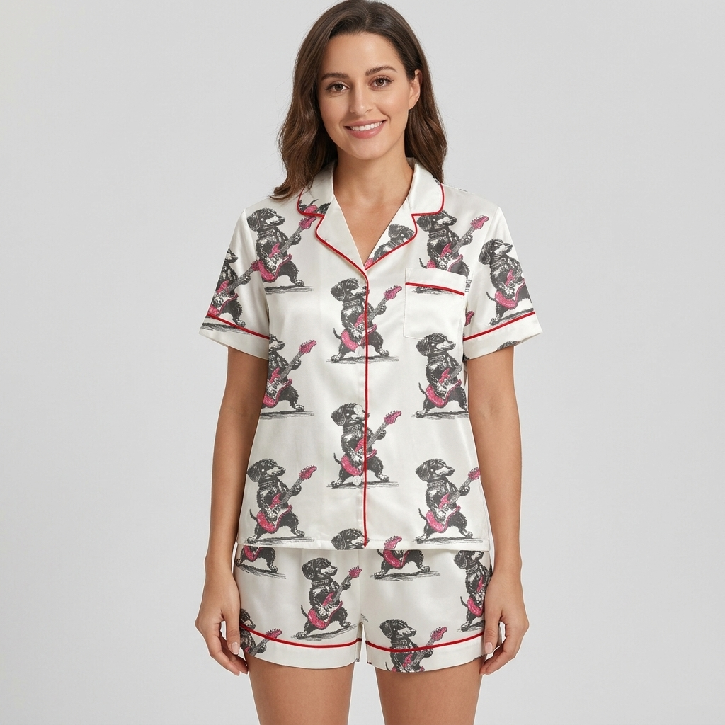 Women's satin pajama set with gray dachshunds playing red electric guitars on white with red piping - short sleeve and shorts