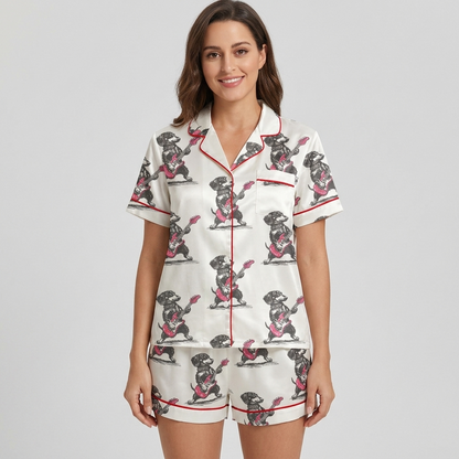 Women's satin pajama set with gray dachshunds playing red electric guitars on white with red piping - short sleeve and shorts