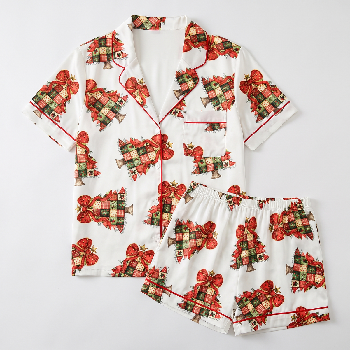 Patchwork Bow Trees Women's Pajama Set - flat lay