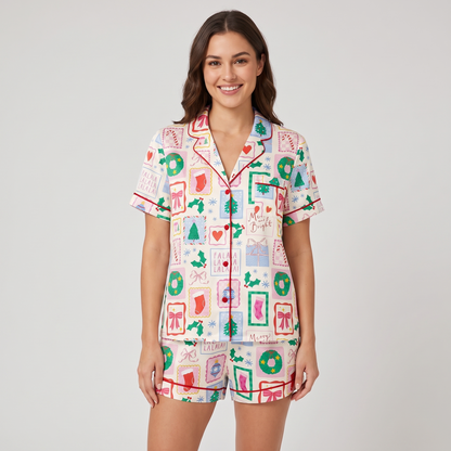 Christmas Postage Stamps Women's Pajama Set - short sleeve and shorts