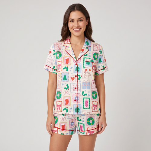 Christmas Postage Stamps Women's Pajama Set - short sleeve and shorts