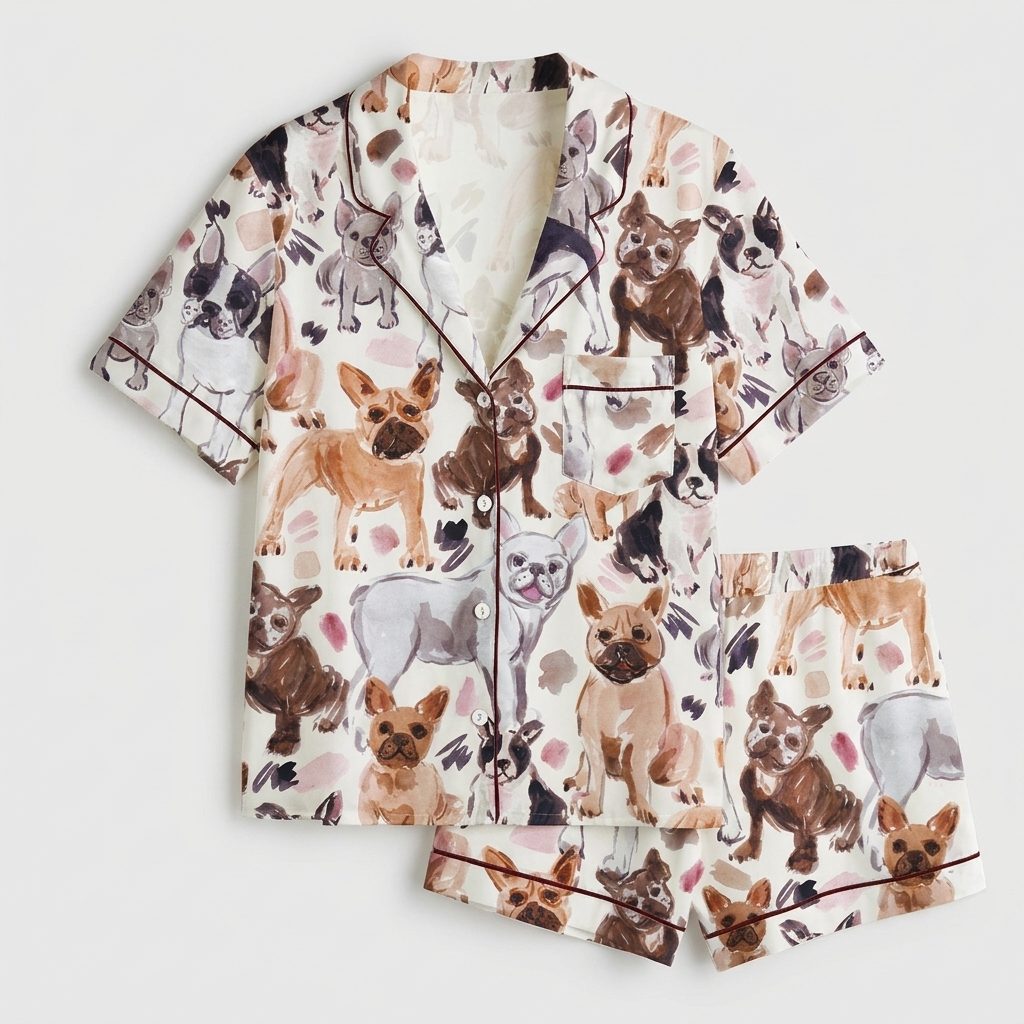 Women's satin pajama set with watercolor French bulldogs in fawn, brindle and black-and-white on white - flat lay