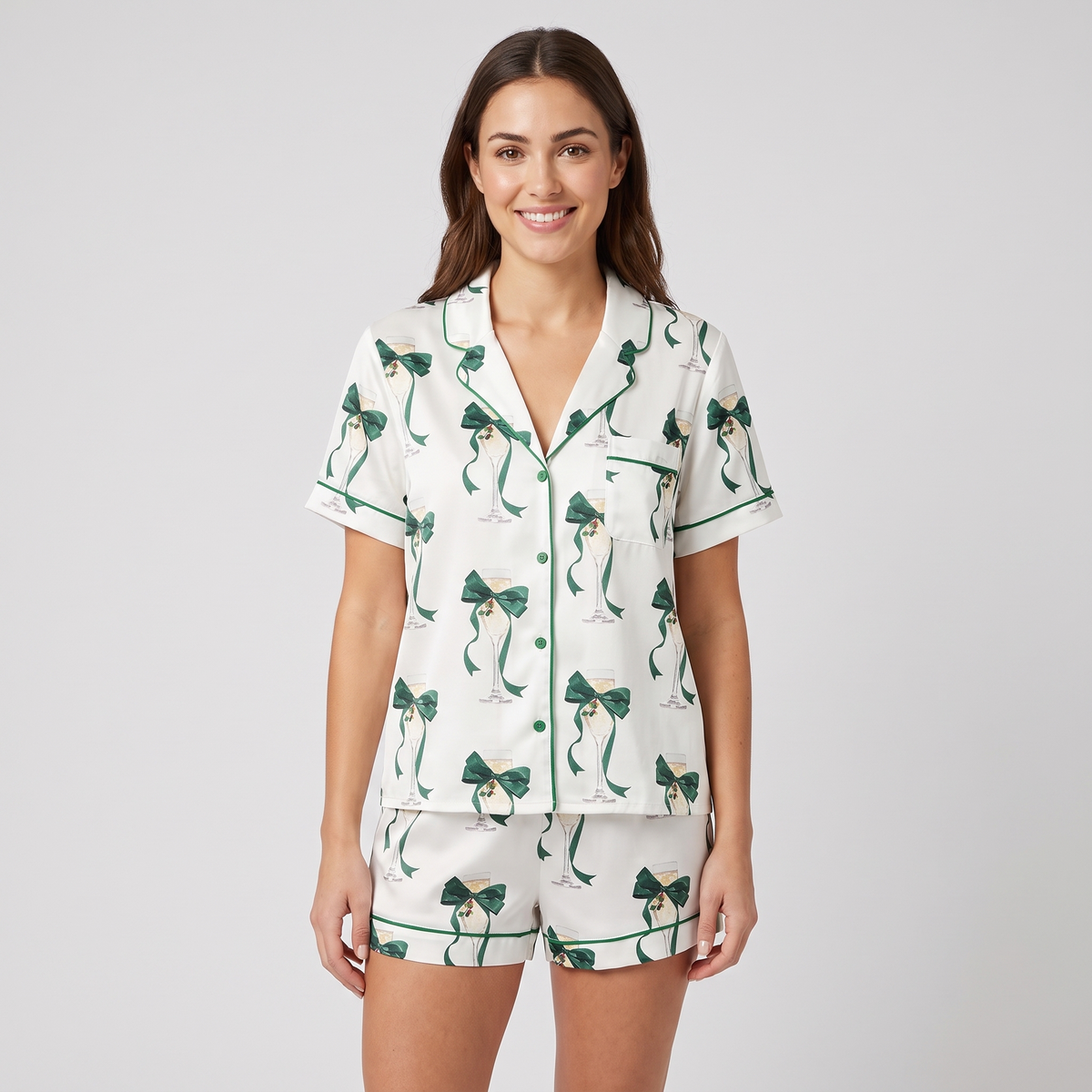 Green Bow Prosecco Party Women's Pajama Set - short sleeve and shorts