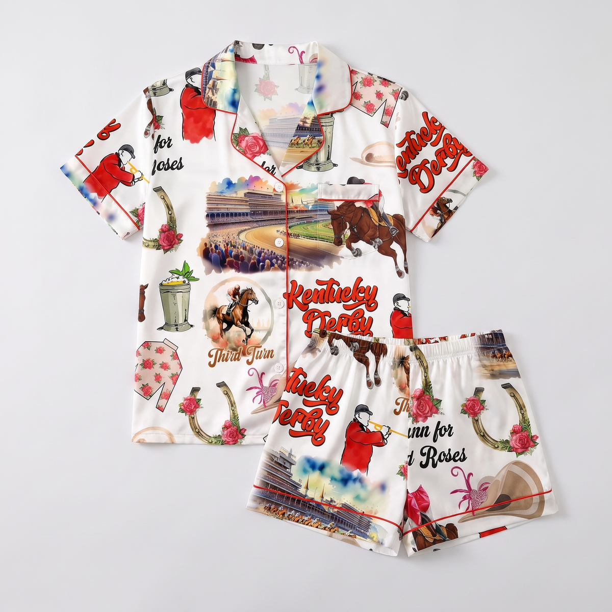 Red Coat Bugler Racetrack Horse Women's Pajama Set - flat lay