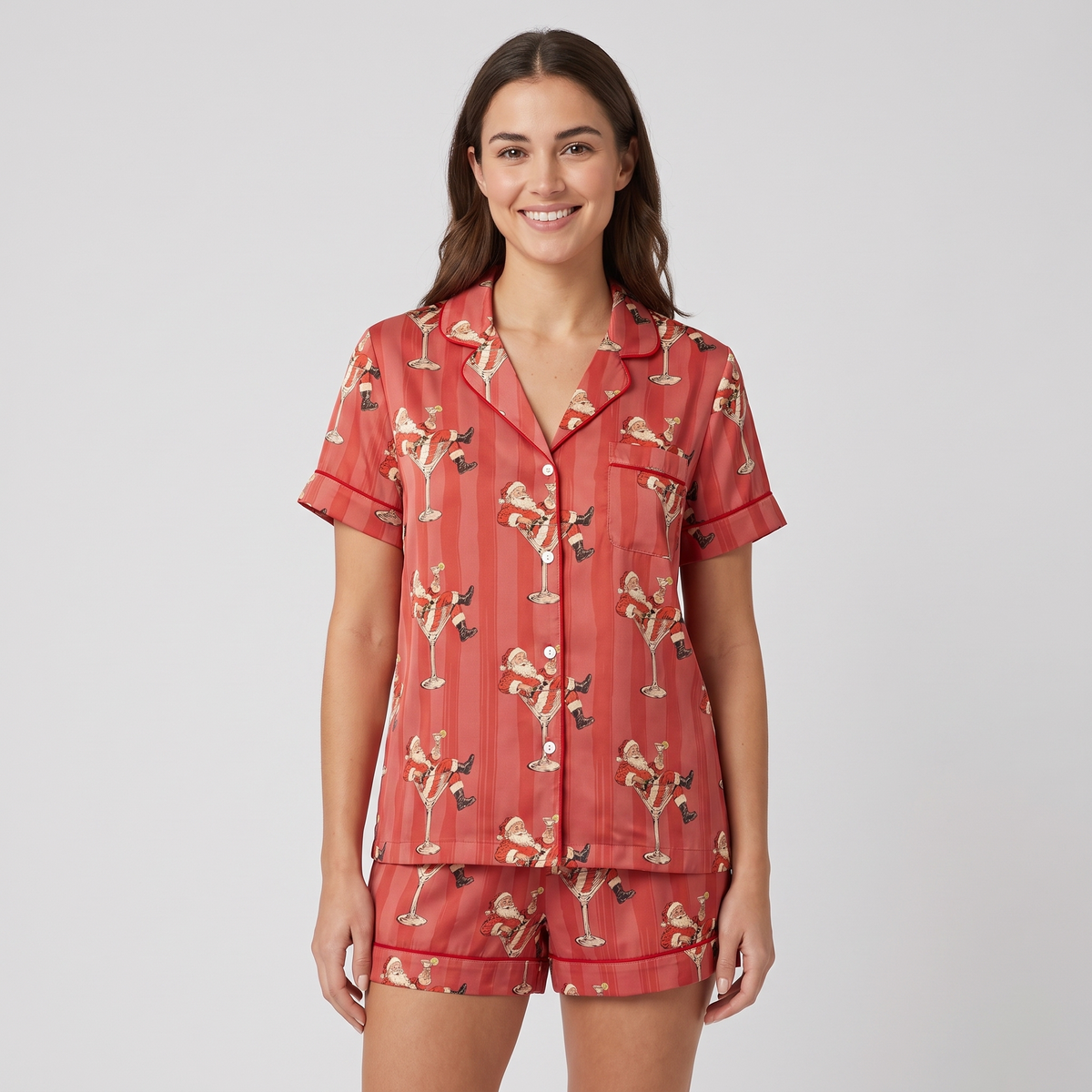 Retro Cheers Santa Women's Pajama Set - short sleeve and shorts
