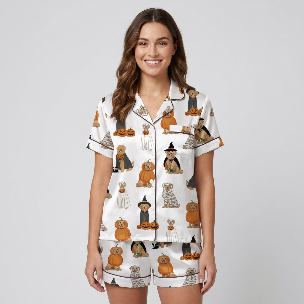 Women's satin pajama set with golden retrievers in witch hats, mummy wraps and ghost sheets on white - short sleeve and shorts
