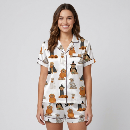 Women's satin pajama set with golden retrievers in witch hats, mummy wraps and ghost sheets on white - short sleeve and shorts