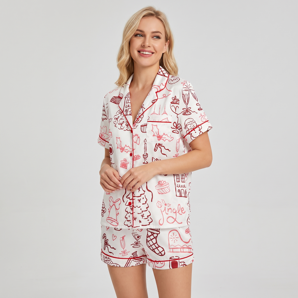 Red Line Art Doodles Women's Pajama Set - short sleeve and shorts