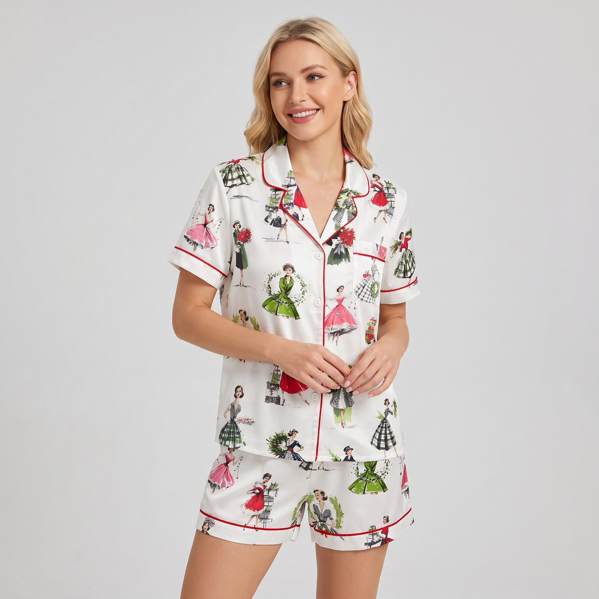 Retro Christmas Ladies Women's Pajama Set - short sleeve and shorts