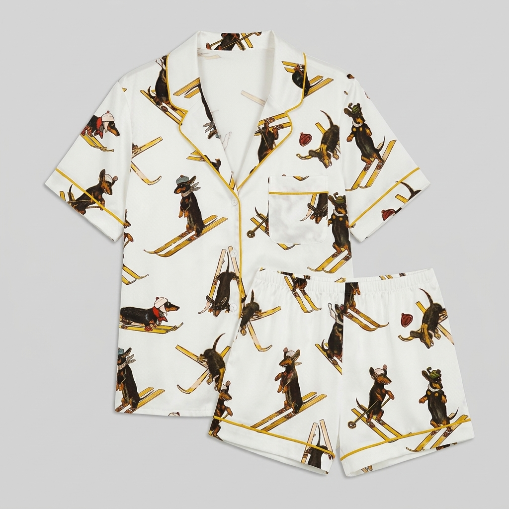 Women's satin pajama set with vintage dachshunds in knit caps skiing on golden skis on white - flat lay