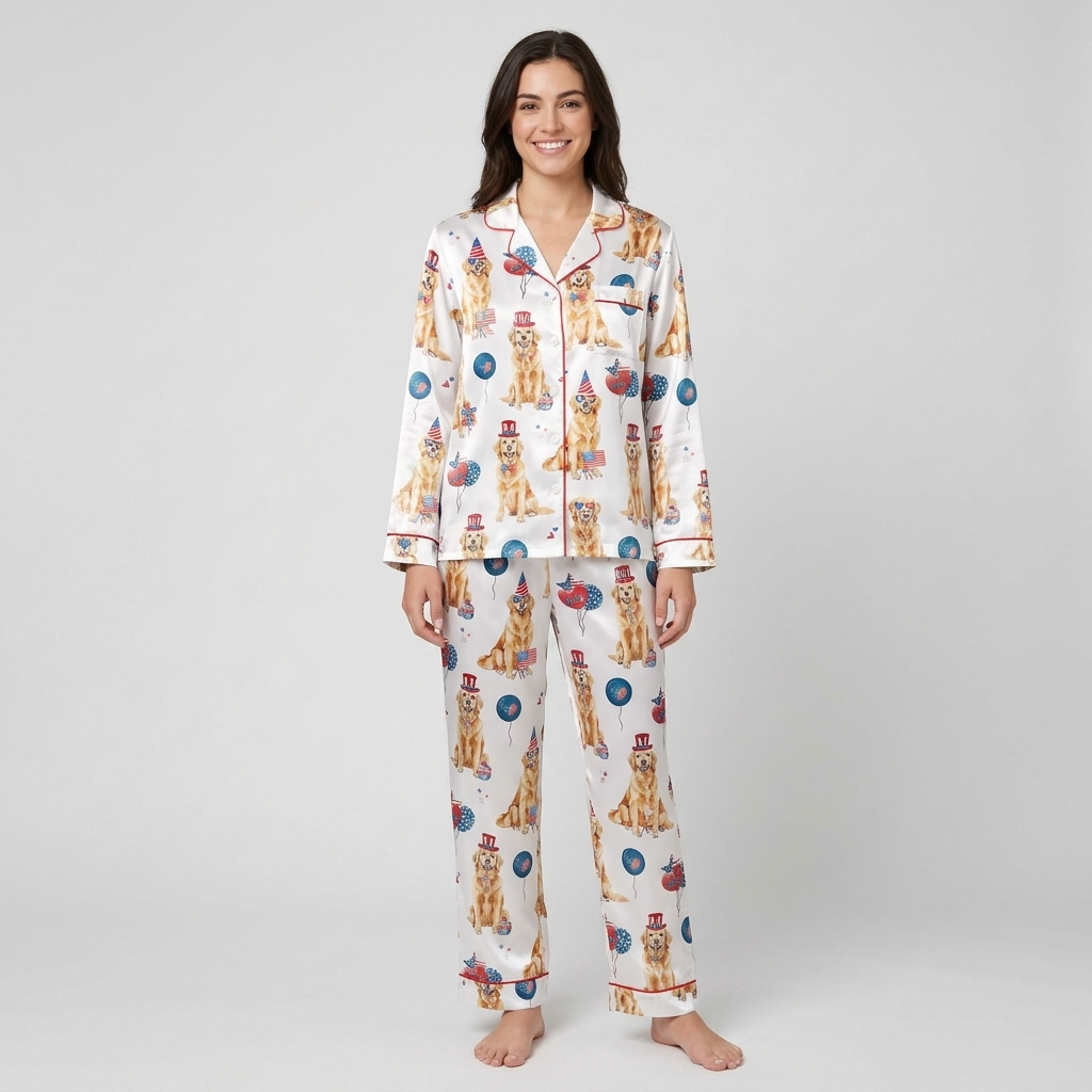 Women's satin pajama set with golden retrievers in star top hats and heart sunglasses among flags and balloons - long sleeve and pants