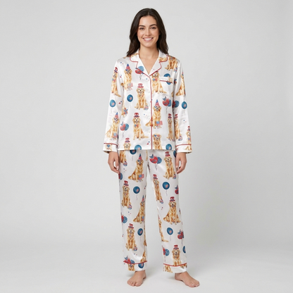 Women's satin pajama set with golden retrievers in star top hats and heart sunglasses among flags and balloons - long sleeve and pants