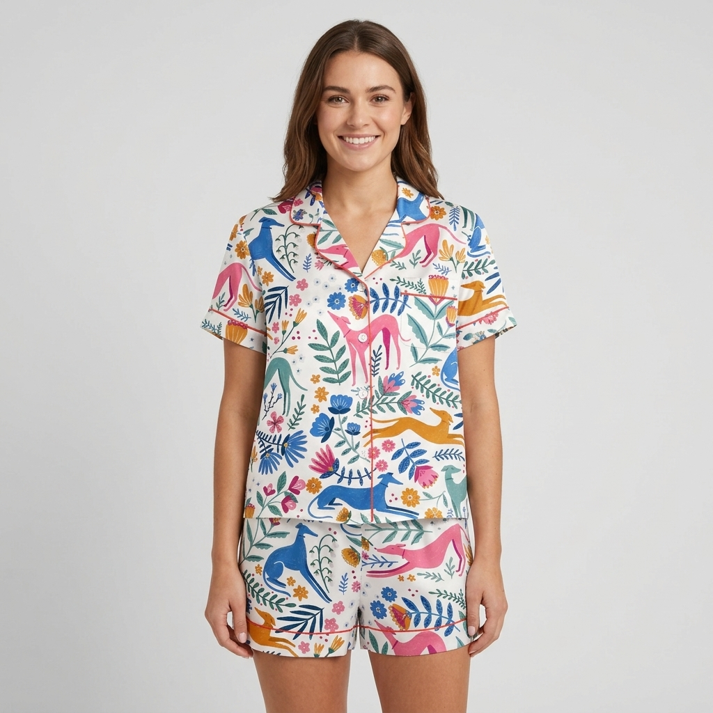 Women's satin pajama set with colorful whippets leaping through a folk-art garden of tulips on white - short sleeve and shorts