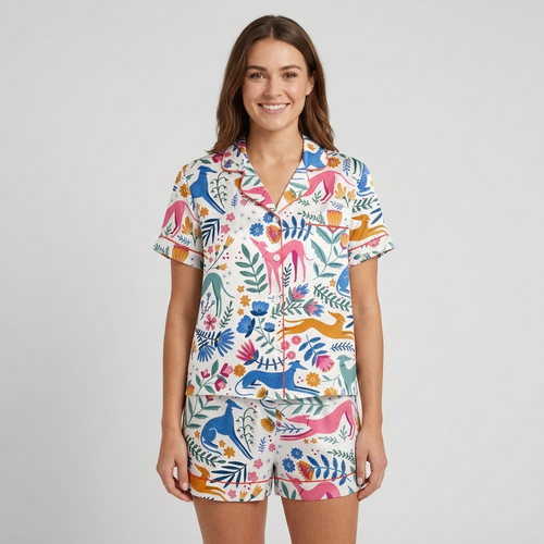 Women's satin pajama set with colorful whippets leaping through a folk-art garden of tulips on white - short sleeve and shorts