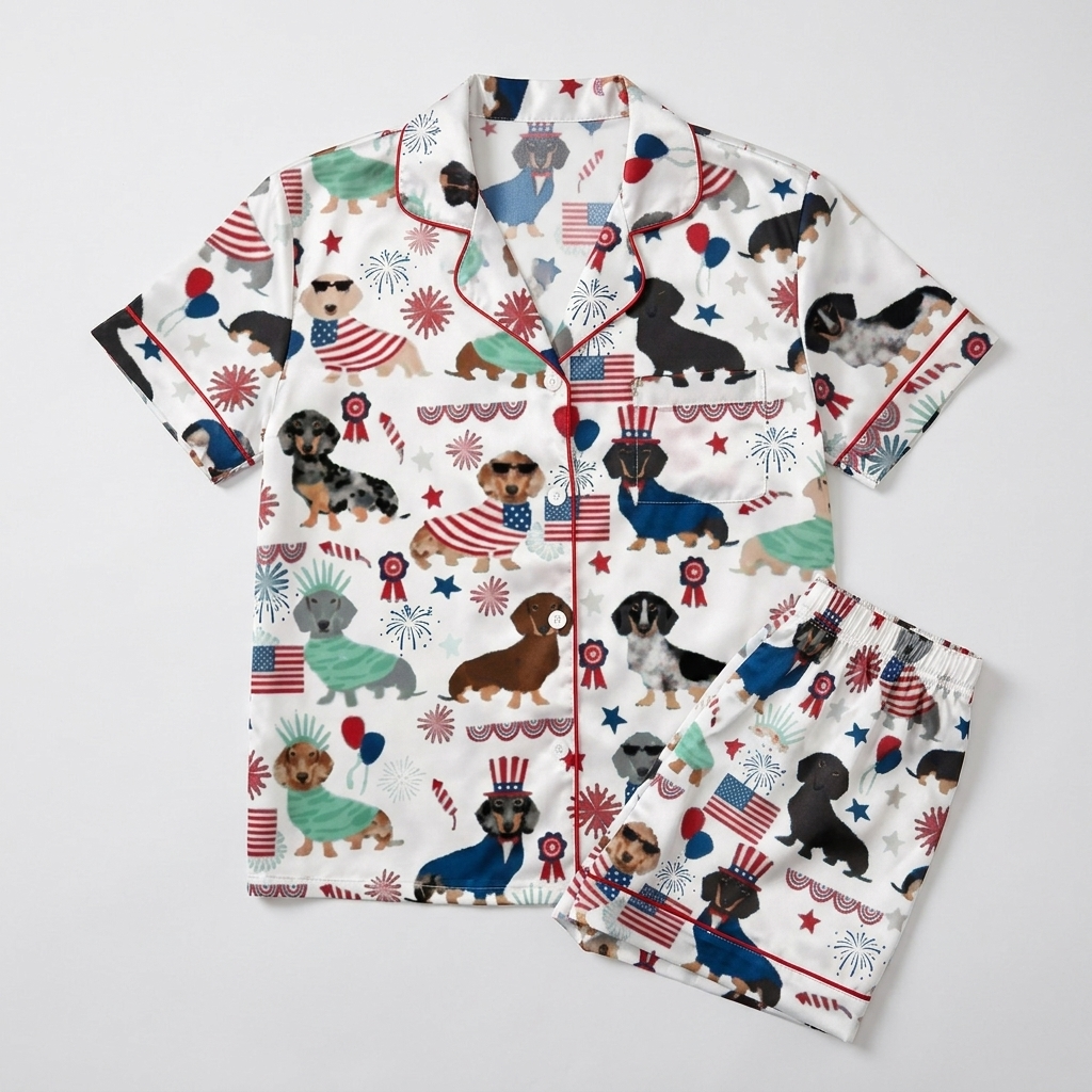 Women's satin pajama set with dachshunds in flag capes and Liberty crowns beside fireworks and stars on white - flat lay