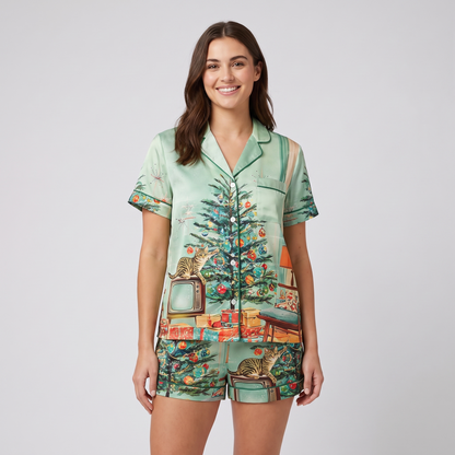 Kitty In The Christmas Tree Women's Pajama Set - short sleeve and shorts