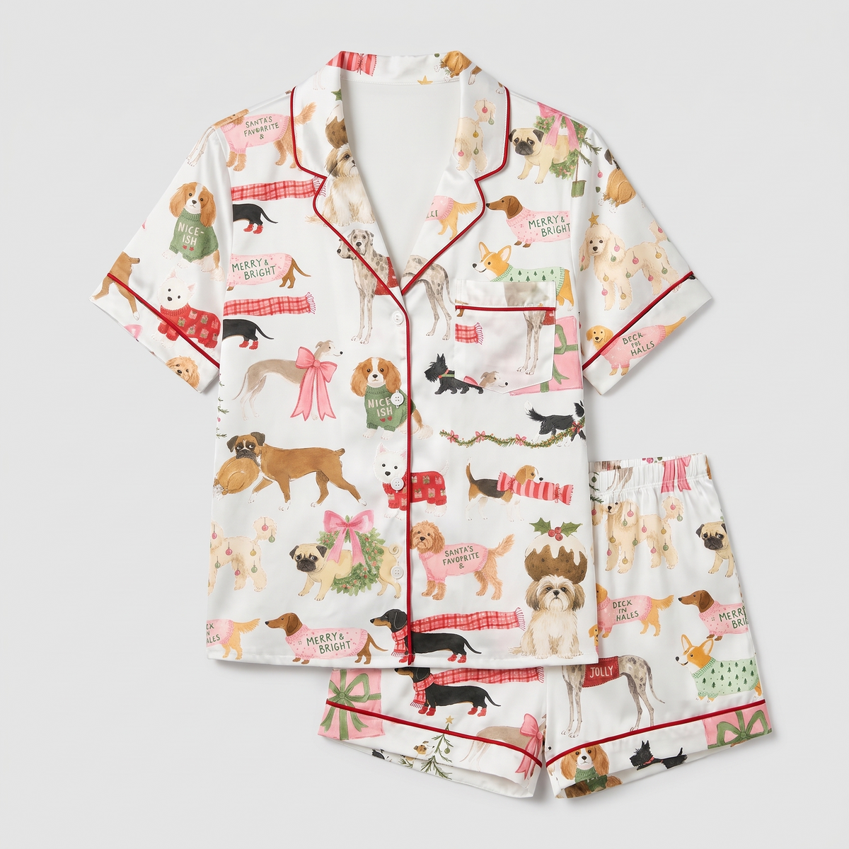 Christmas Dogs & Bows Women's Pajama Set - flat lay