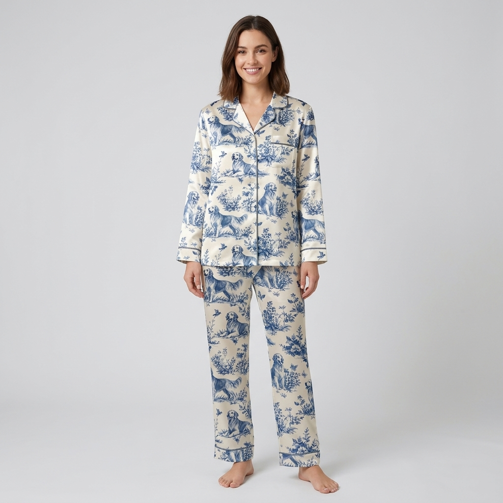 Women's satin pajama set with golden retrievers in a dusty blue flower meadow on white - long sleeve and pants