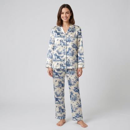 Women's satin pajama set with golden retrievers in a dusty blue flower meadow on white - long sleeve and pants