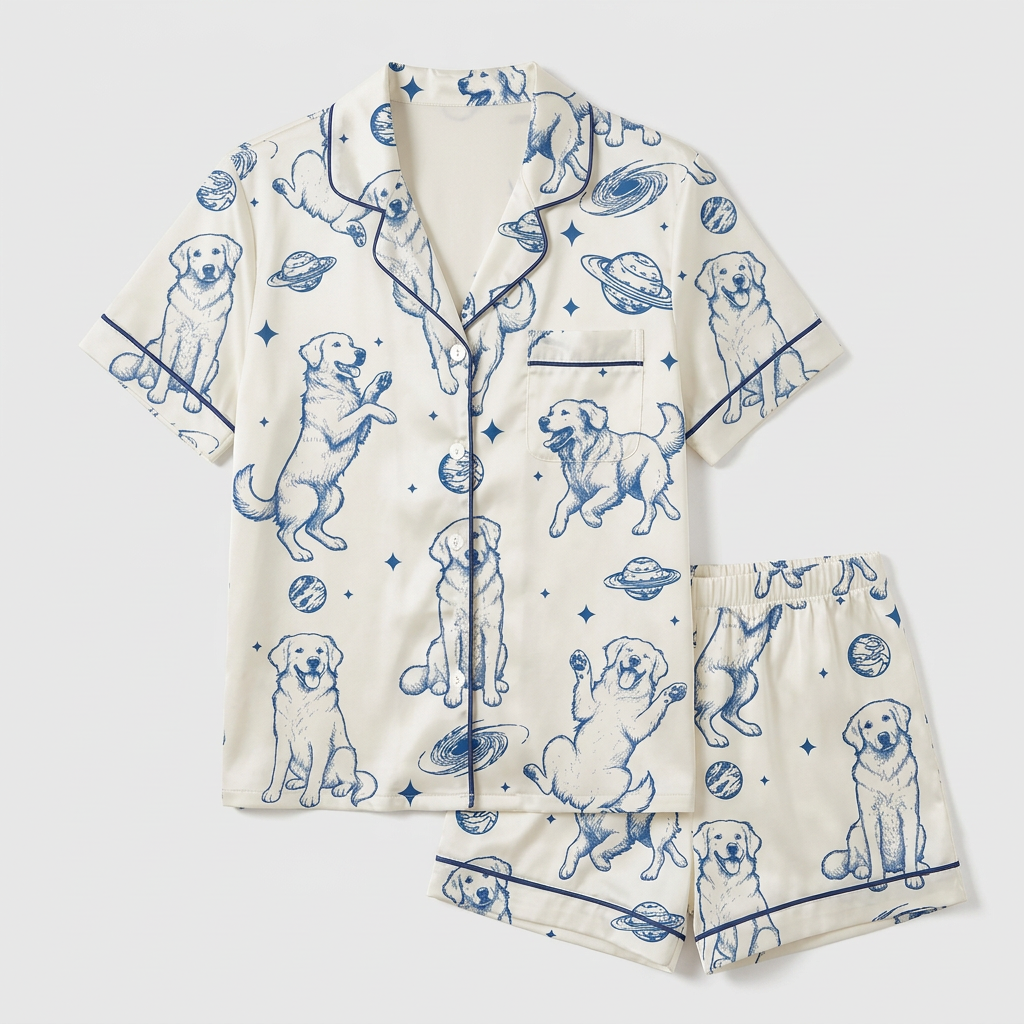 Women's satin pajama set with blue-sketched golden retrievers with ringed planets and stars on white - flat lay