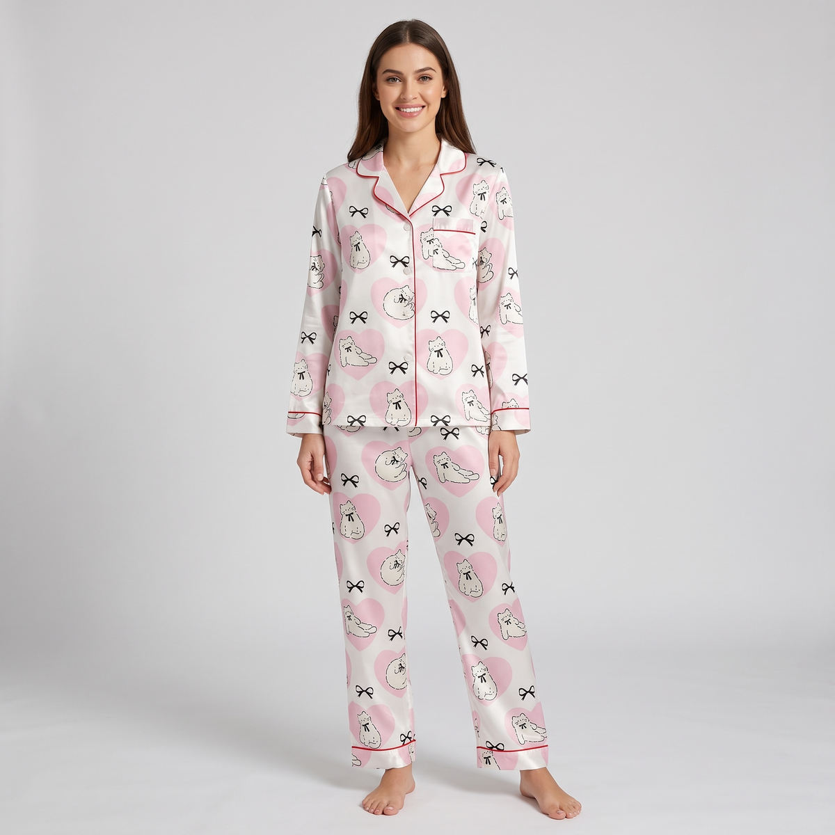 Heart Bow Kittens Women's Pajama Set - long sleeve and pants