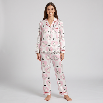 Heart Bow Kittens Women's Pajama Set - long sleeve and pants