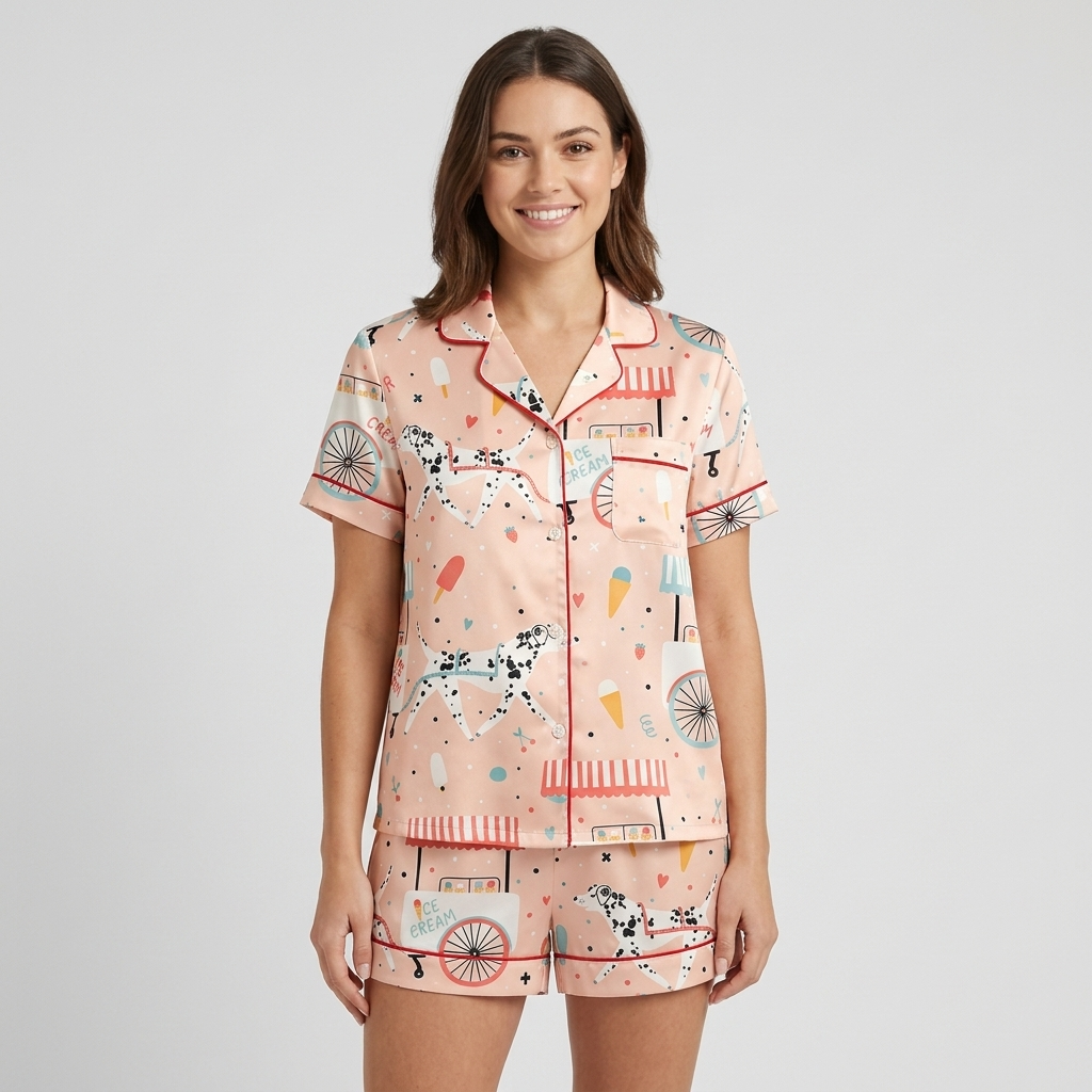 Women's satin pajama set with Dalmatians beside pastel ice cream carts and popsicles on blush pink - short sleeve and shorts