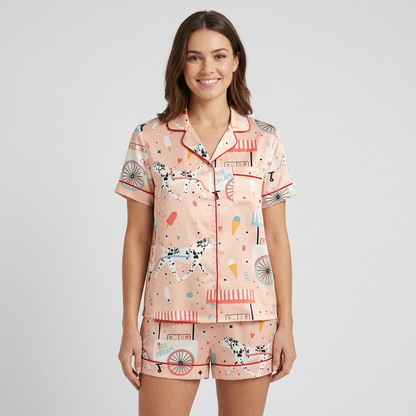 Women's satin pajama set with Dalmatians beside pastel ice cream carts and popsicles on blush pink - short sleeve and shorts