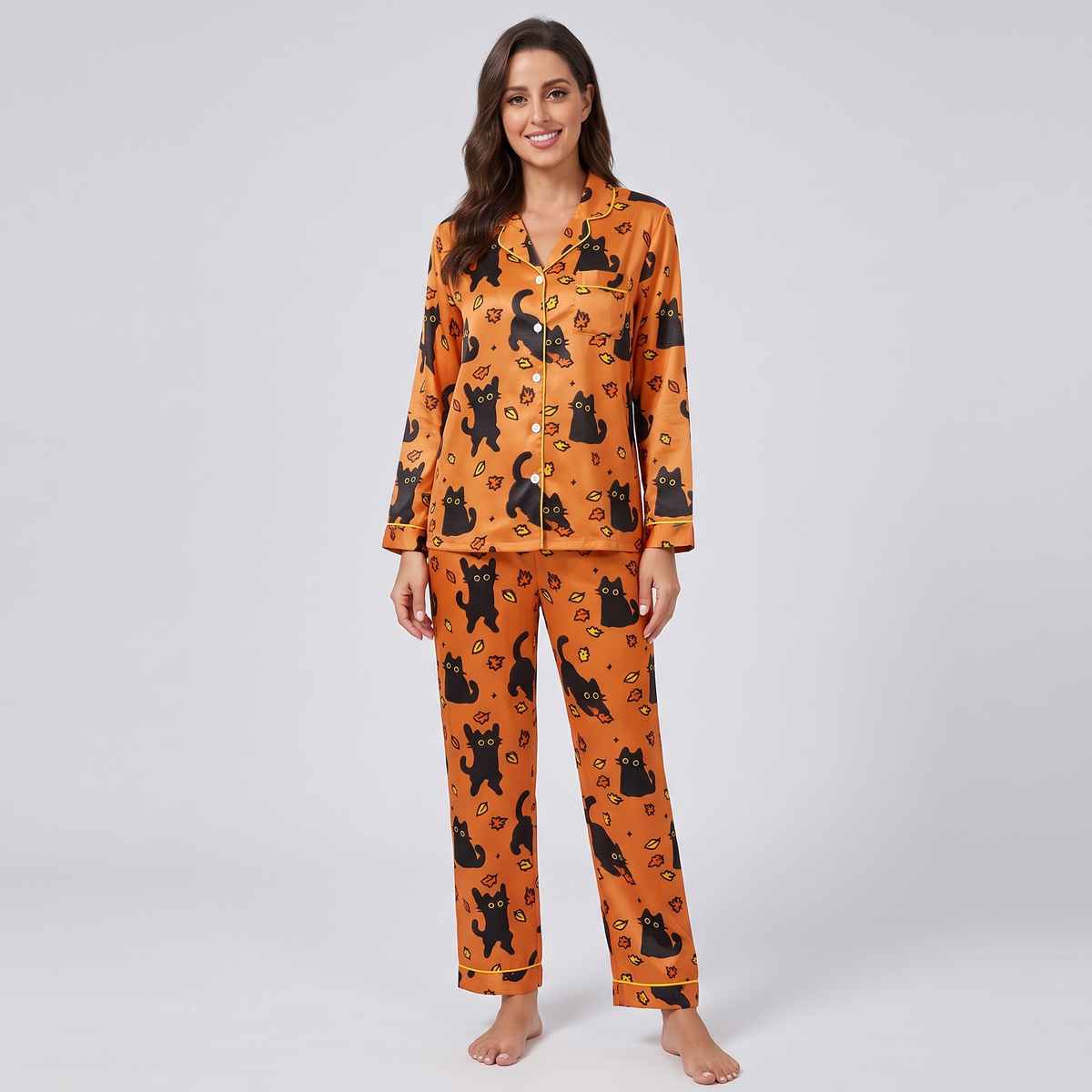 Autumn Leaf Cats Women's Pajama Set - long sleeve and pants