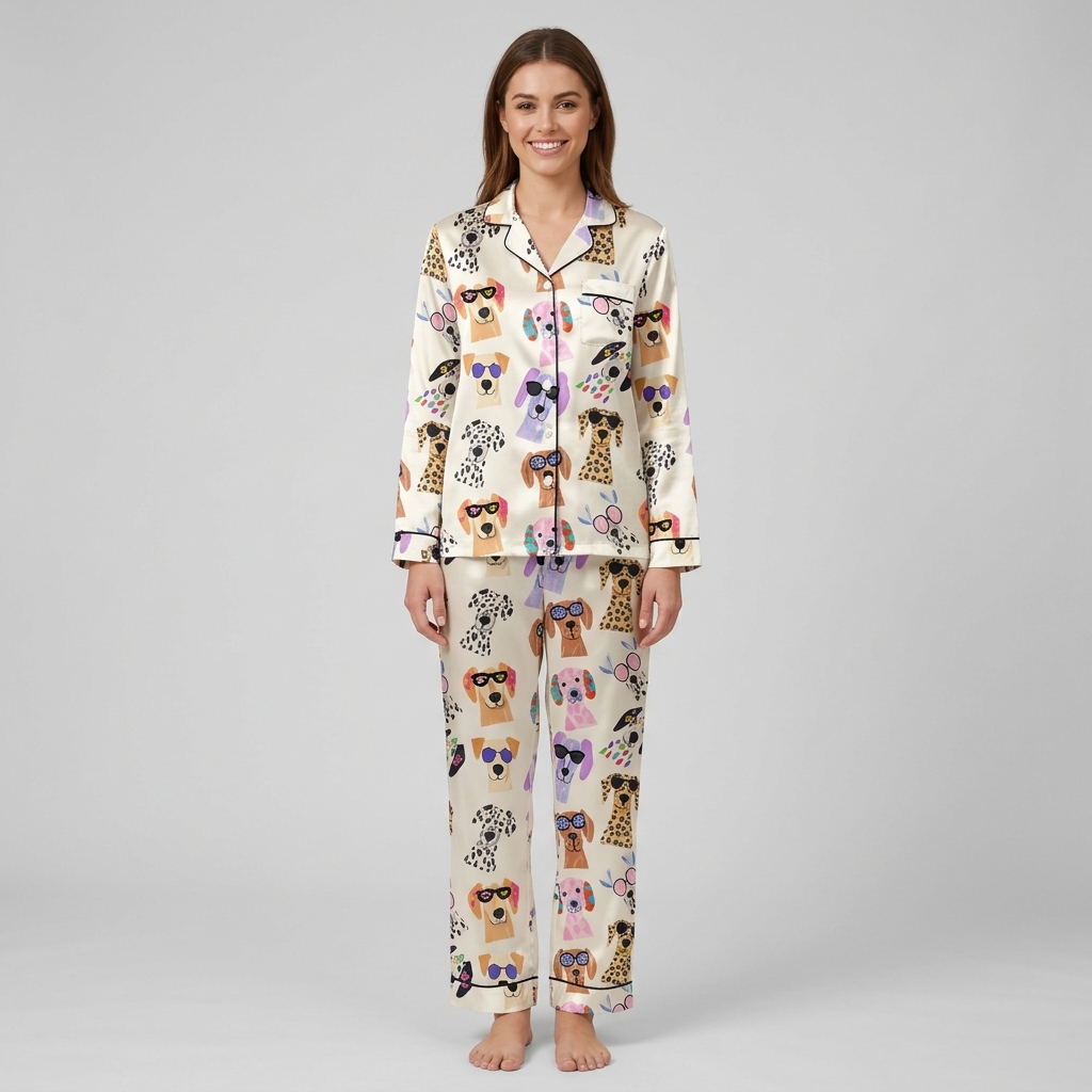 Women's satin pajama set with Labradors and dalmatians in bold sunglasses with confetti and party horns on white - long sleeve and pants