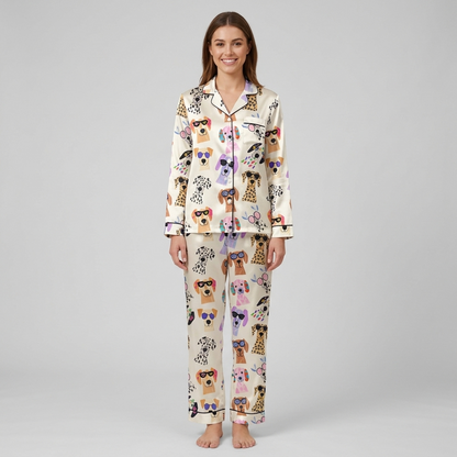 Women's satin pajama set with Labradors and dalmatians in bold sunglasses with confetti and party horns on white - long sleeve and pants