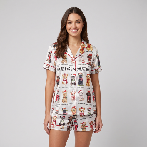 12 Dogs Of Christmas Women's Pajama Set - short sleeve and shorts