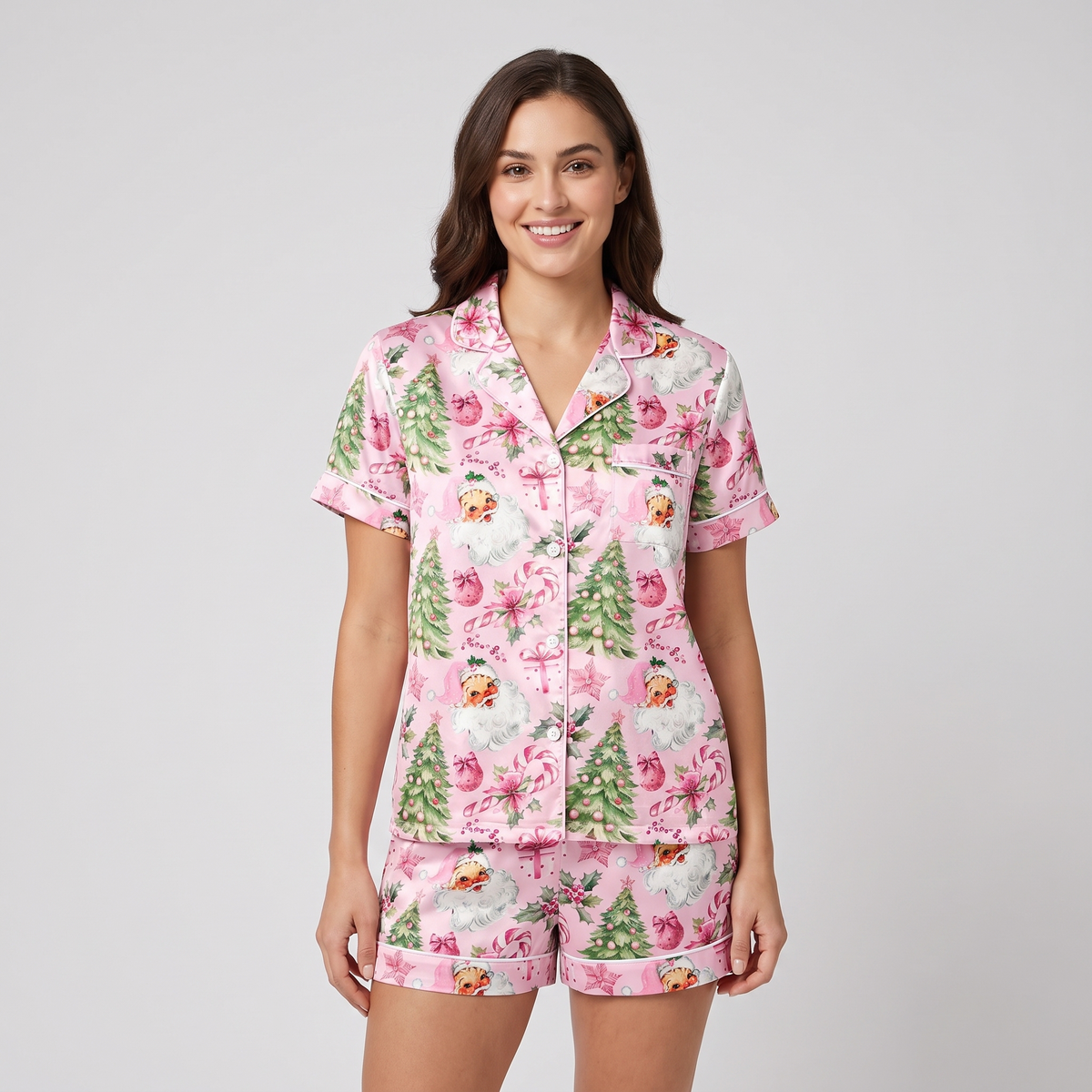 Pink Santas & Trees Women's Pajama Set - short sleeve and shorts