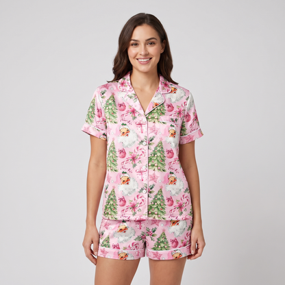 Pink Santas & Trees Women's Pajama Set - short sleeve and shorts
