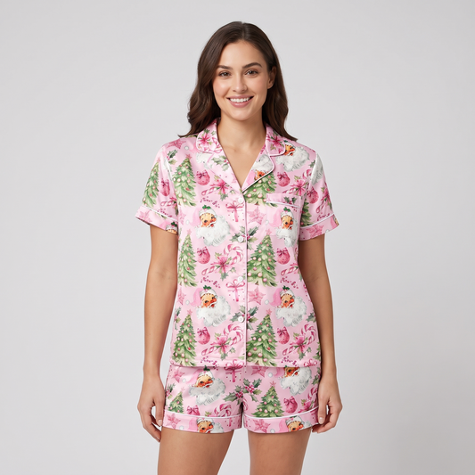 Pink Santas & Trees Women's Pajama Set - short sleeve and shorts